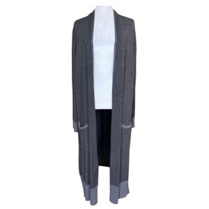 Eileen Fisher Long Duster Sweater Size M Black Gray Stripe Open Front Cardigan